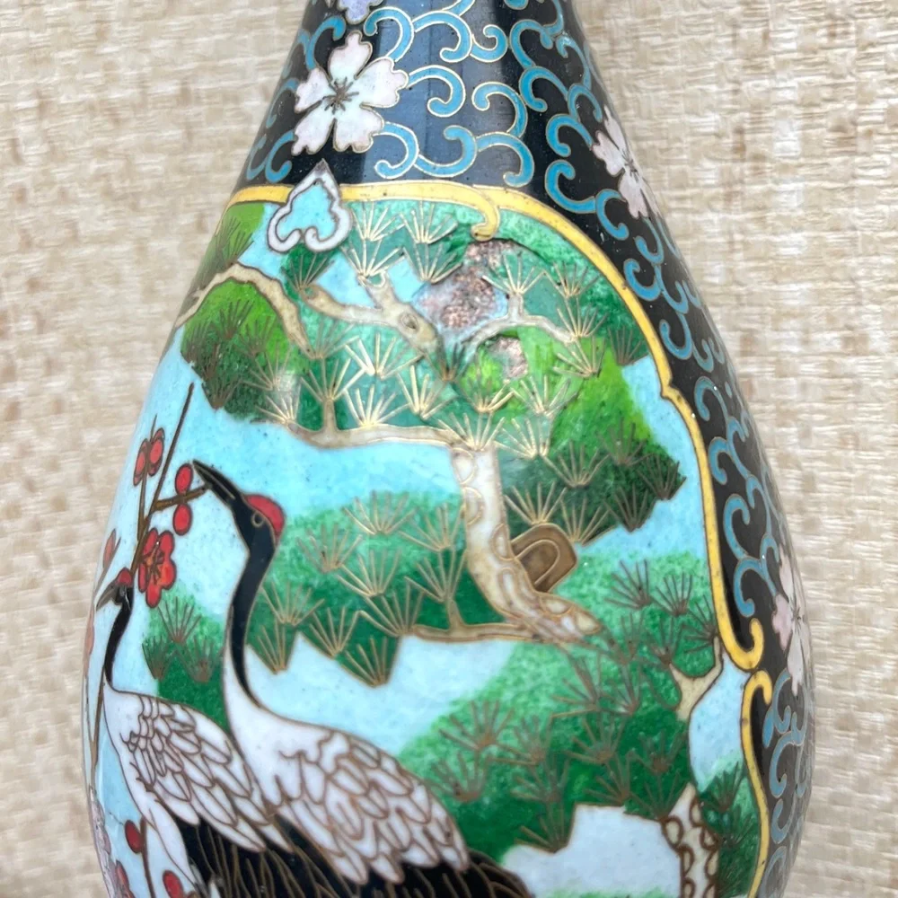 Antique Chinese Cloisonné Vase Colorful Enamel Crane Egret Birds Cherry Blossoms